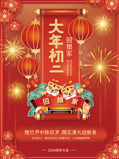 红色2034正月初二回娘家年俗传统节日系列海报