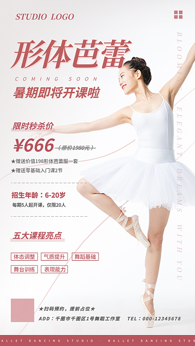 淡雅清新★扫码预约提前占位★舞蹈班手机宣传海报