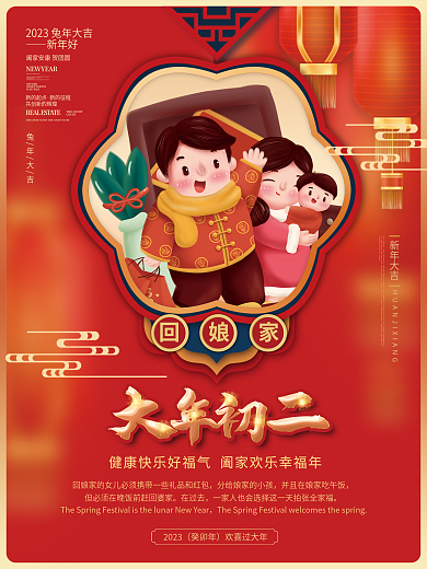 喜庆中国风在过去新年大吉春节除夕年俗祝福海报