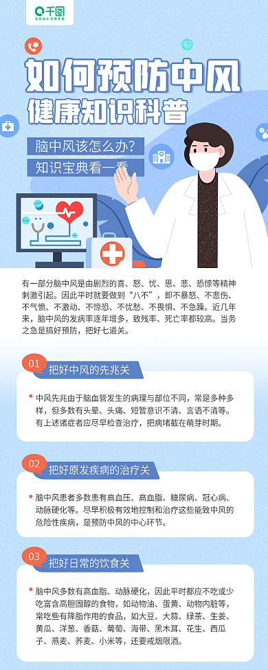 预防中风头痛言语不清等卡通手机长图海报