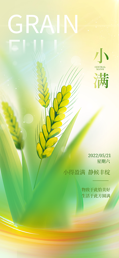 小满节气夏天农作稻谷绿色渐变海报