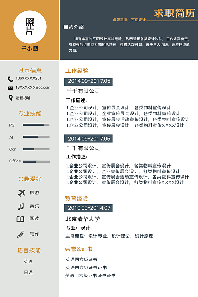 深蓝橙色适应环境能力强平面个人简历