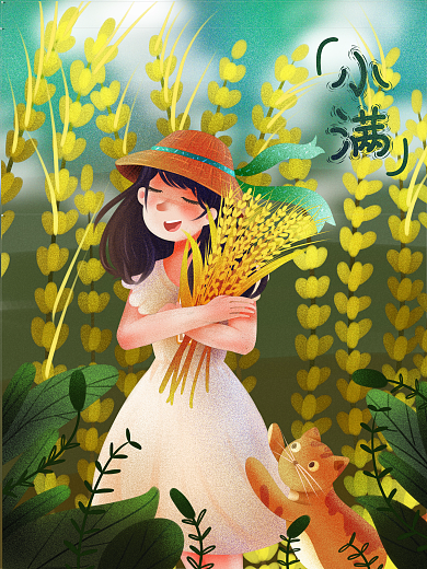小满二十四节气的女孩清新插画