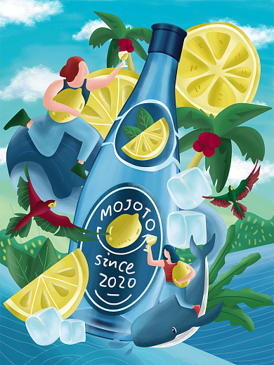 夏日小清新柠檬气泡酒饮料插画