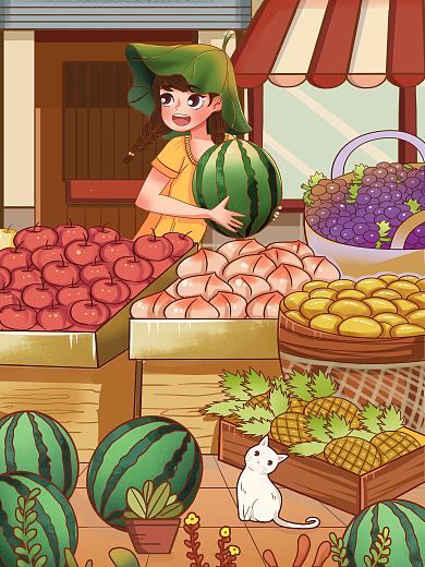 人间烟火路边水果女孩夏天生活插画