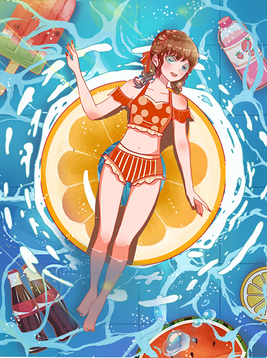 清凉夏天冷饮冰棒水果可乐泳池插画