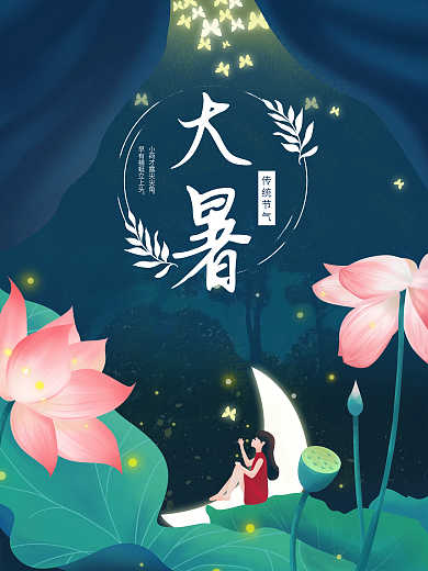 夏天大暑荷花星光人物简约中国风海报