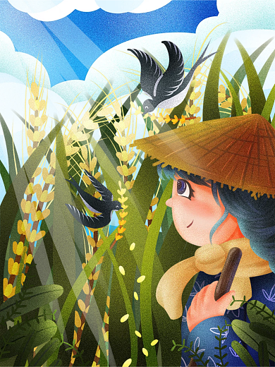 小满二十四节气的乡村女孩清新插画