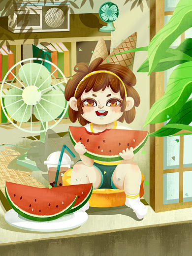 夏至小暑女孩吃西瓜避暑插画