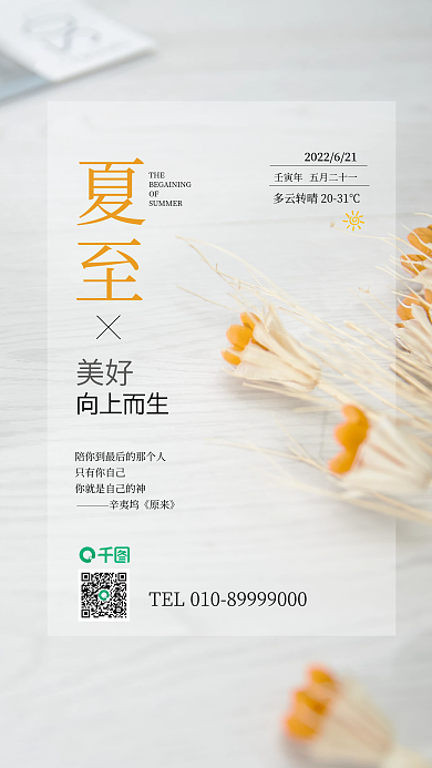 夏至节气五月二十一新媒体日签清新简手机海报