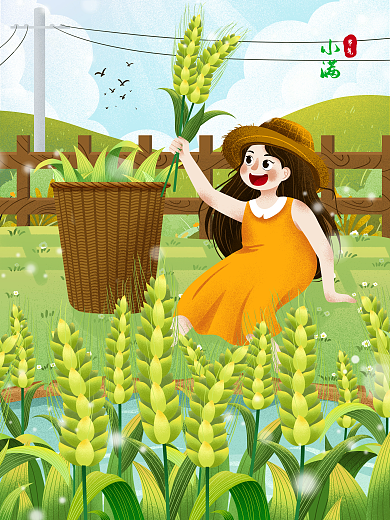 清新小满拿着饱满麦穗女孩二十四节气插画