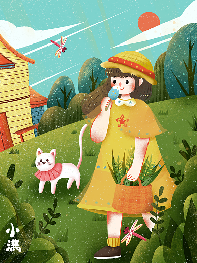 小满节气蜻蜓吃冰棒提着稻谷的女孩