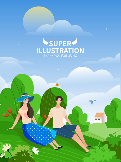 甜蜜情侣SUPER夏天风景卡通插画