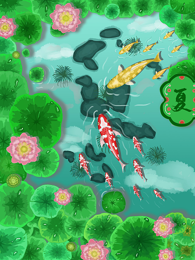 夏天仲夏池锦鲤荷塘插画