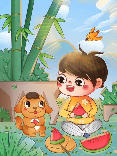 夏天阳和小狗一起吃西瓜