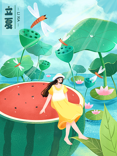 清凉夏天立夏LIXIA女孩荷叶池赏景