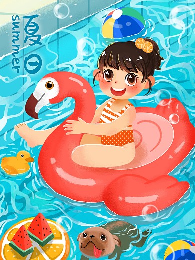 你好夏天夏日避暑女孩小狗西瓜插画