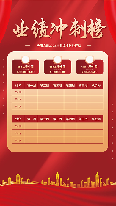 大红金融千小丫千小兔业绩冲刺表表格海报