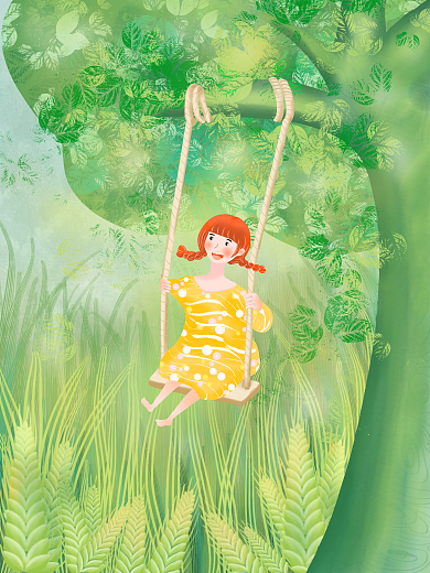 儿童节插画手绘荡秋千小女孩儿童画