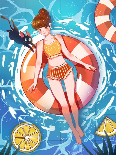 你好夏天夏日泳池游泳女孩猫咪插画