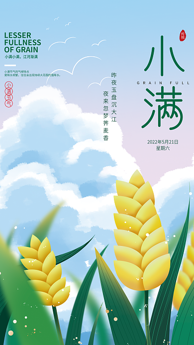 手绘简约小满节气是降水频繁节气海报