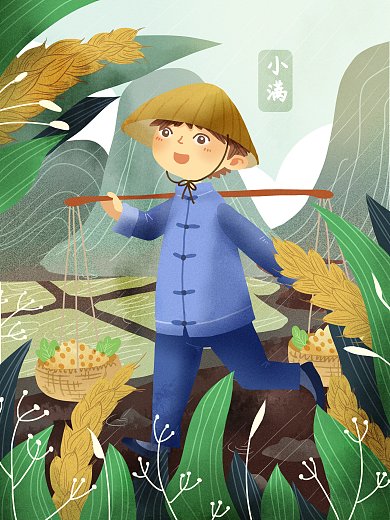 节气小满之农夫挑担开心回家路上山野稻穗