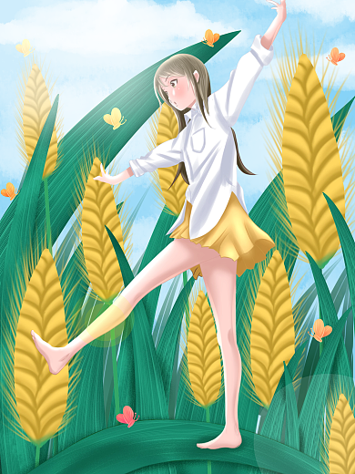 手绘插画在稻田里的叶子上行走