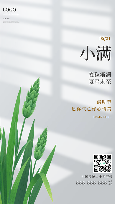 简约小满0521麦粒渐满节气海报