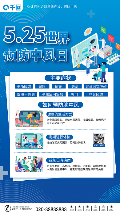蓝色简约预防中风525科普海报