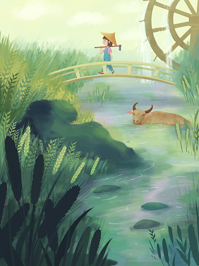 小清新节气水车麦穗饱满插画