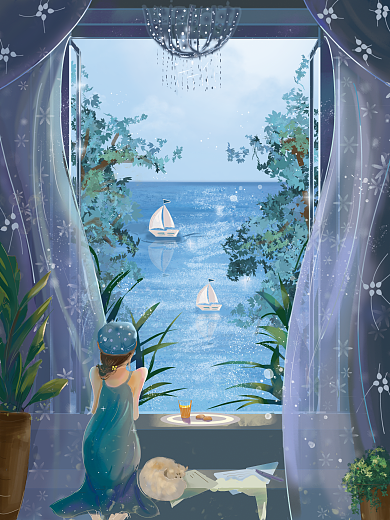 独处植物海景安逸午后植物插画