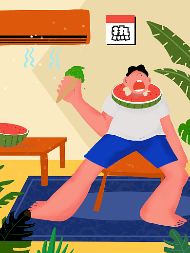 扁平夏天瓜冰淇淋手绘西瓜夏天热空调