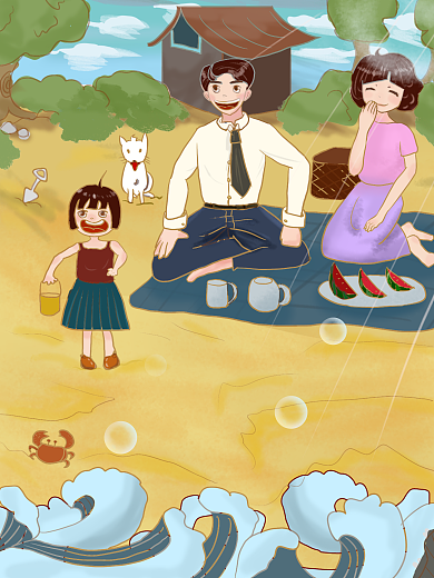 六一儿童节全家旅游风景海浪插画