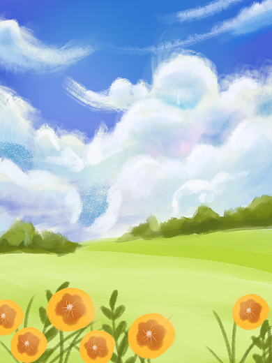 手绘夏天蓝天白云户外场景插图素材