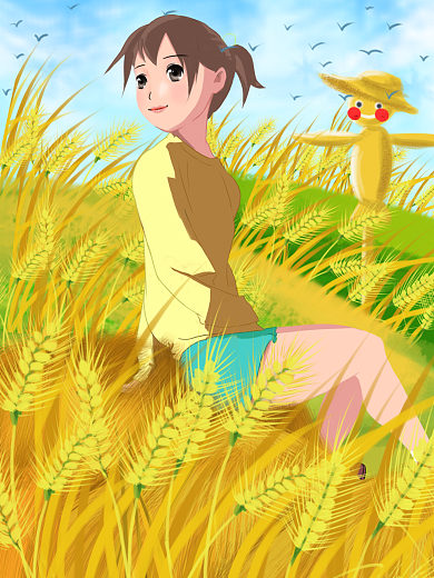 手绘插画坐在麦田里遥望远方