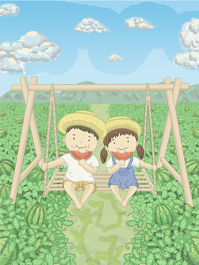 夏天仲夏西瓜田地娃宝秋千插画