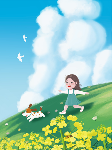 夏天春天旅游小女孩小狗大自然蓝天