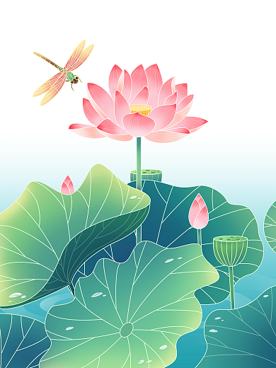 荷花蜻蜓大暑绿色手绘
