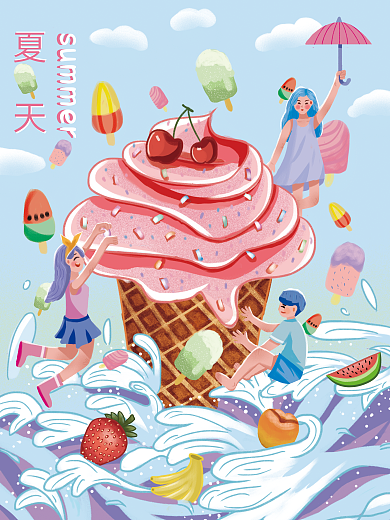 夏天主题冰淇淋雪糕和海浪