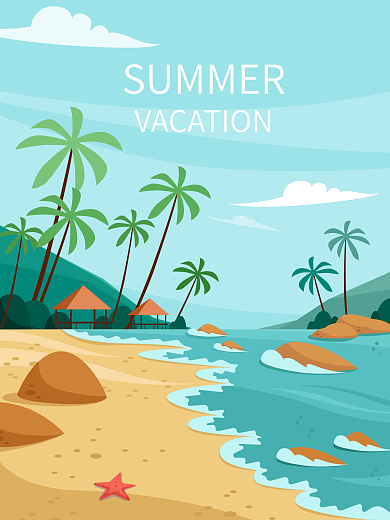 扁平插画暑假海滩沙滩海边蓝色