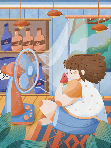 夏天夏至西瓜吹电风扇小清新居家生活