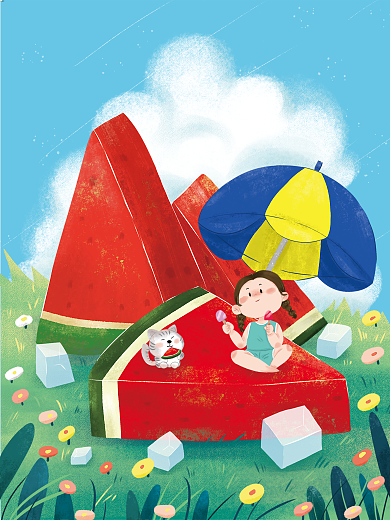 西瓜夏天节气小暑大暑插画太阳伞