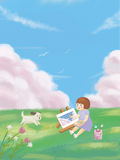 写生女孩蓝天白云花草春天插画背景