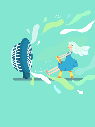 夏天清凉小风扇和女孩插画