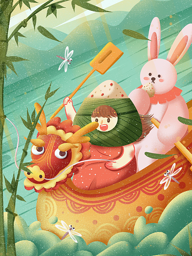 端午节蜻蜓吃粽子创意传统节日插画