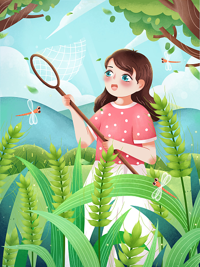 小满节气捕蜻蜓麦田水稻