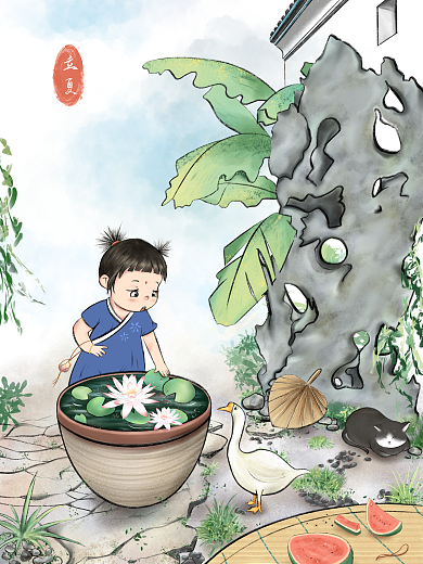 古风夏天立夏水缸睡莲蒲扇芭蕉场景插画