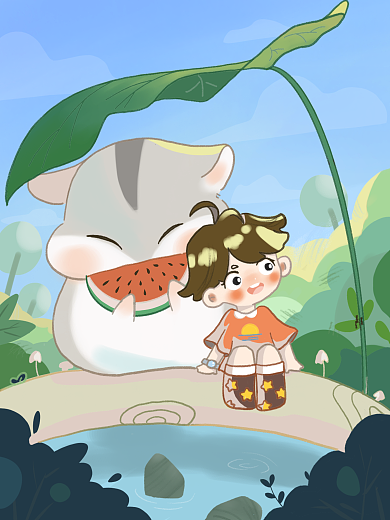 手绘和夏天森林的约会