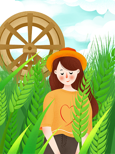 清新二十四节气田里的女孩插画