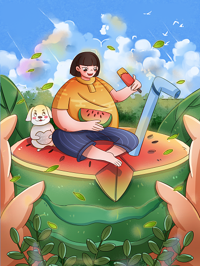 小暑夏天女孩和小狗